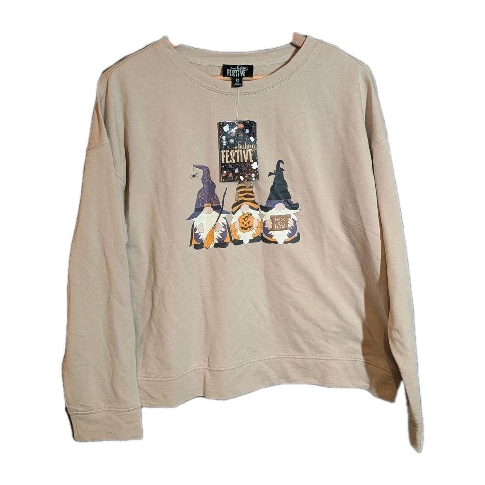 Feeling‎ Festive Halloween Gnome Sweatshirt XL Beige Fall Pullover NWT